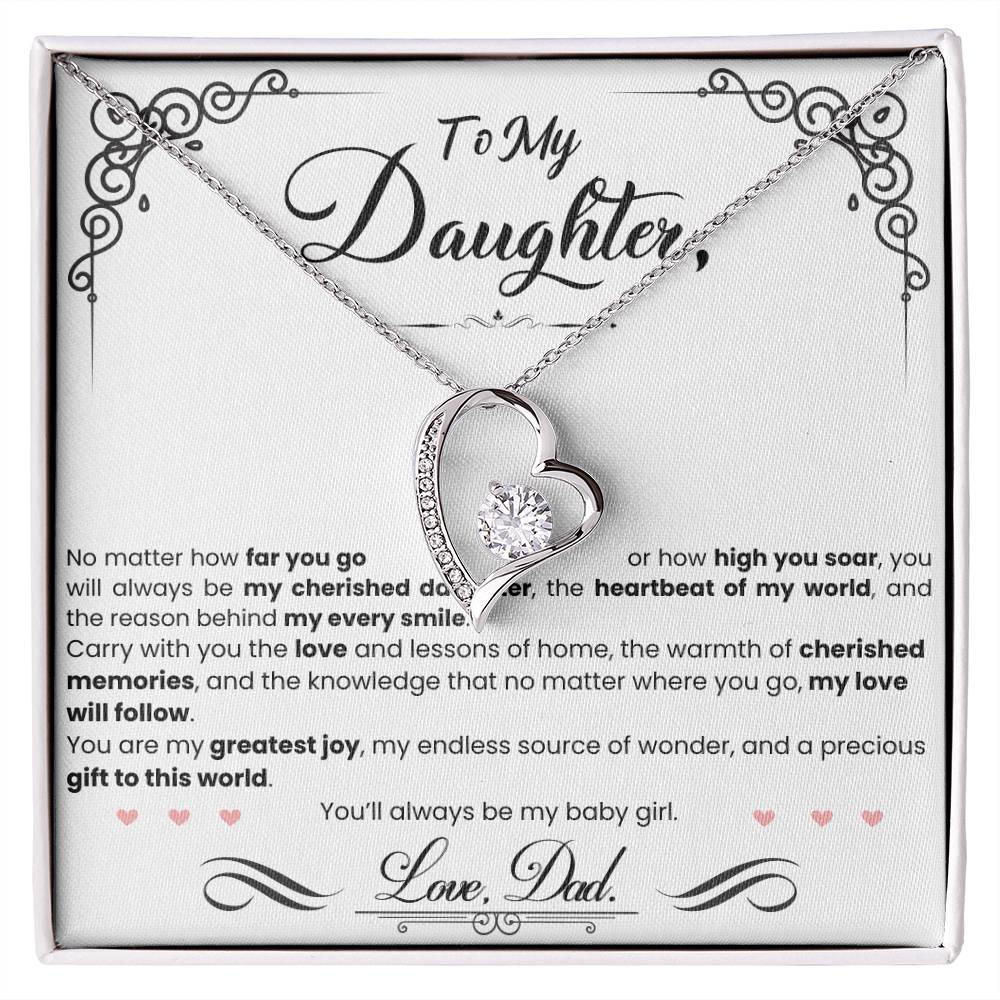 A My Cherished Daughter - Forever Love Necklace by ShineOn Fulfillment, featuring a CZ crystal pendant engraved with the words "to my daughter".