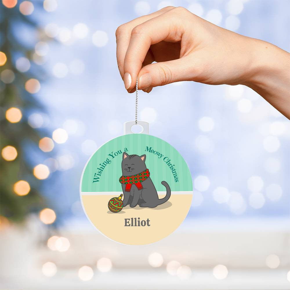 A person holding a Cat Name Personalized Christmas Ornament by AnywherePOD with a cat on it.
