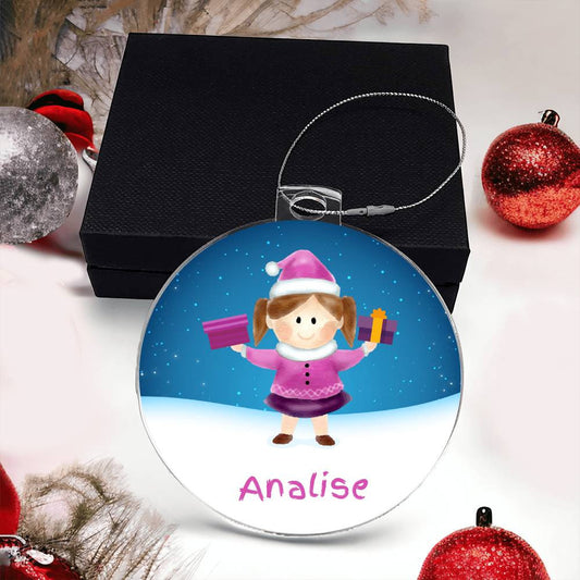 An AnywherePOD Girls Name Personalized Christmas Ornament featuring a girl in a Santa hat, making it the perfect gift for the holiday season.