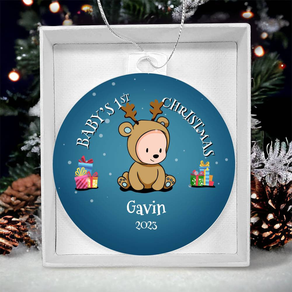 An AnywherePOD personalized Baby's First Christmas Ornament with a reindeer, the perfect gift for the holidays.