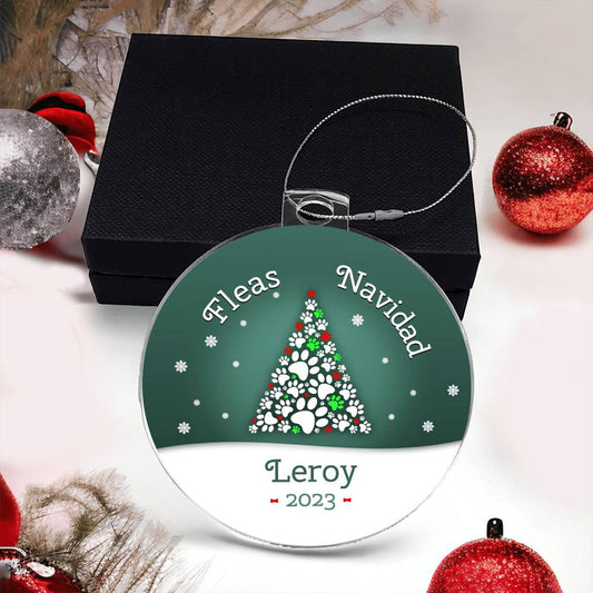 A Dogs Name Personalized Christmas Acrylic Ornament featuring a Christmas tree, perfect as a holiday gift by AnywherePOD.