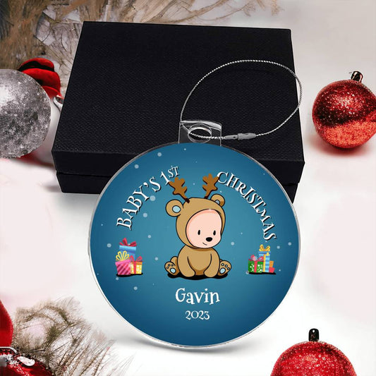 An AnywherePOD personalized ornament featuring a reindeer, perfect as a Baby's First Christmas Ornament - Personalized gift.