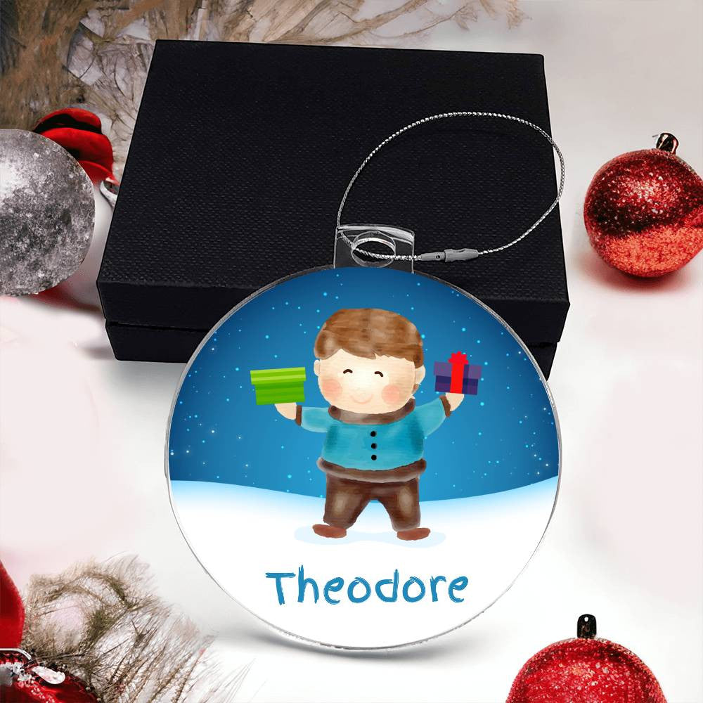 This personalized acrylic Christmas ornament from AnywherePOD is a special keepsake featuring a cartoon child with gifts against a snowy backdrop. Elegantly inscribed with "Theodore," it's nestled in a black box surrounded by festive decorations, perfect for creating unforgettable holiday memories.