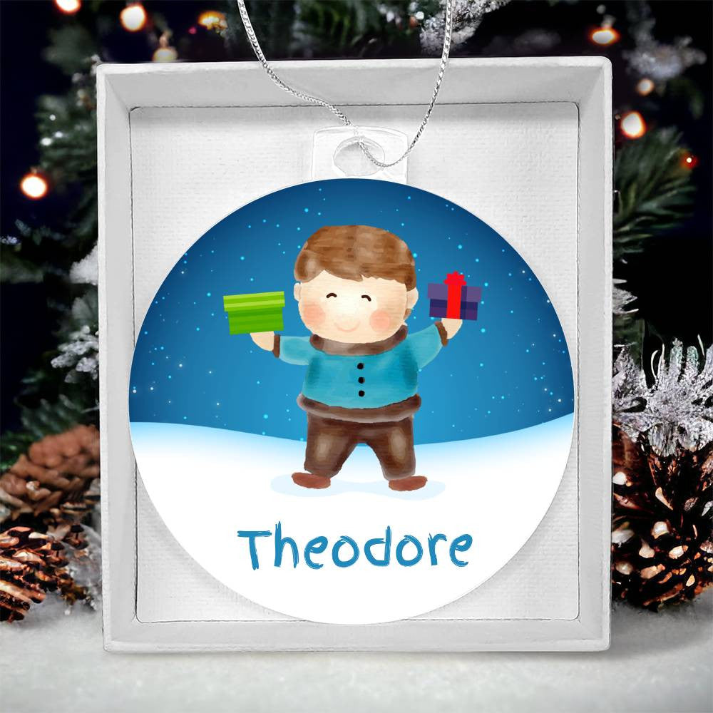 Introducing the AnywherePOD's unforgettable personalized Christmas ornament! This charming acrylic decoration showcases a cartoon boy holding two gifts while standing on snow against a festive backdrop. The name "Theodore" is beautifully displayed at the bottom, making it an exceptional keepsake for your tree.