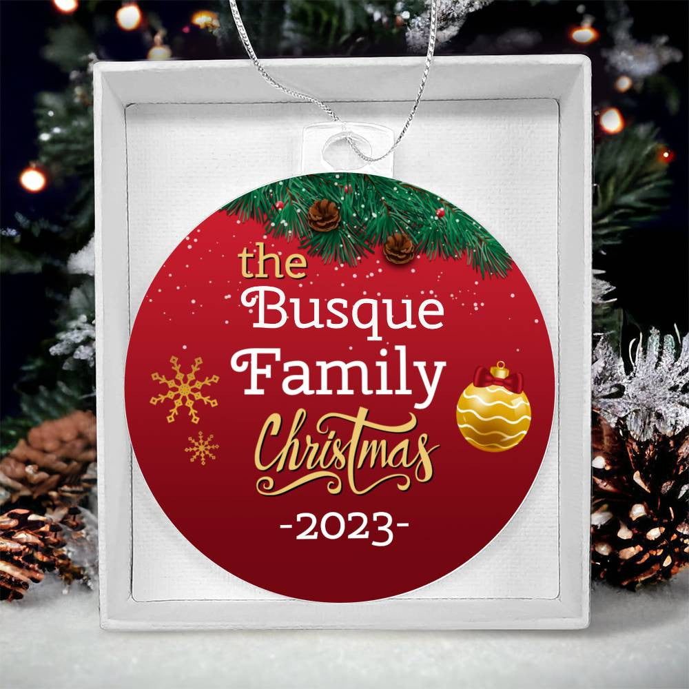The AnywherePOD Family Name Personalized Christmas Ornament - perfect Christmas gift for the Busque family.