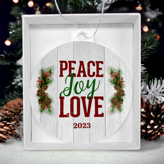 Peace, joy, love AnywherePOD Christmas ornament.