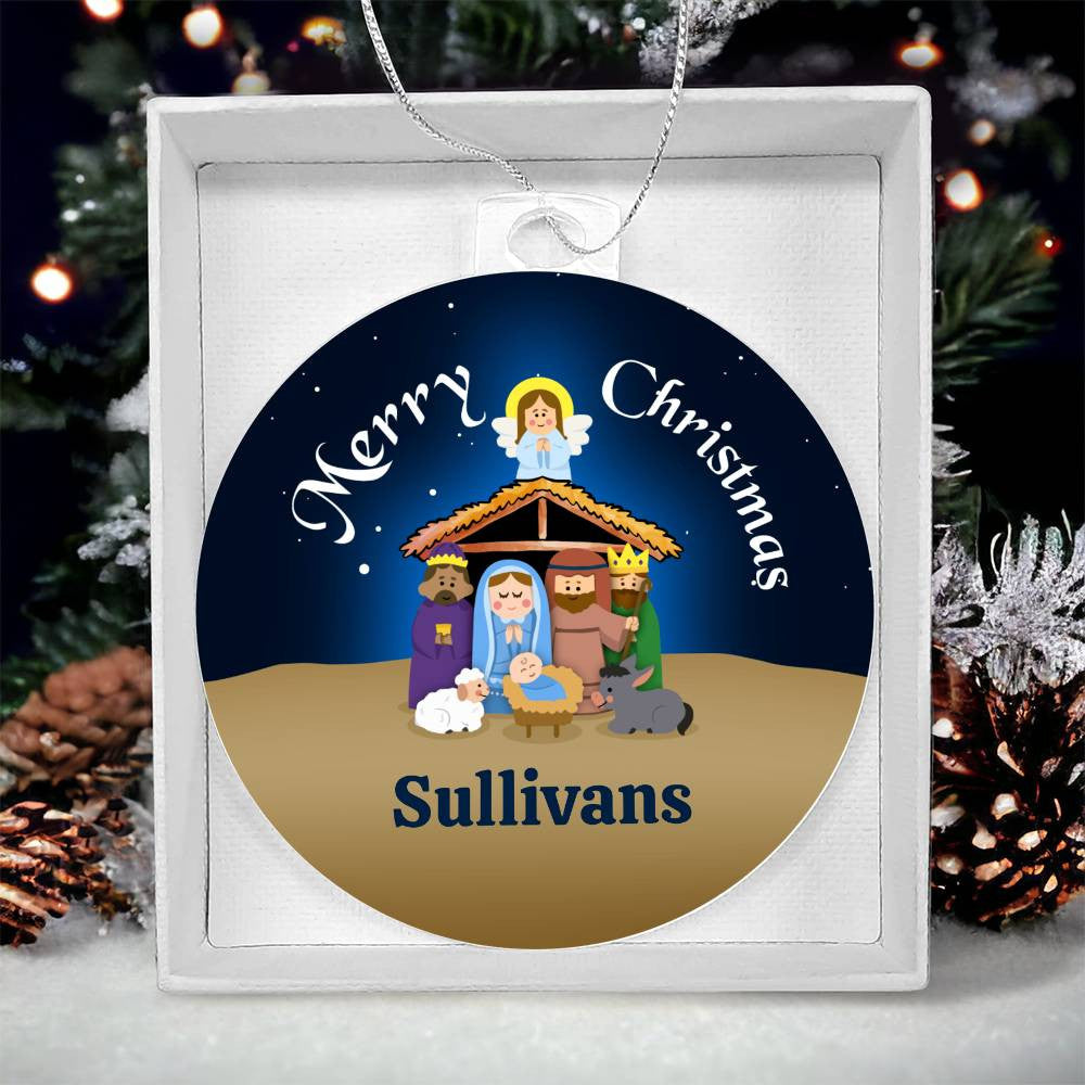 This exquisite acrylic Christmas ornament, by AnywherePOD, beautifully captures the Nativity scene featuring Mary, Joseph, baby Jesus, the Three Wise Men, and an angel. The ornament includes the text "Merry Christmas" and "Sullivans," all set against a charming snow-dusted evergreen tree adorned with lights—making it a truly unique keepsake for creating cherished memories this season.