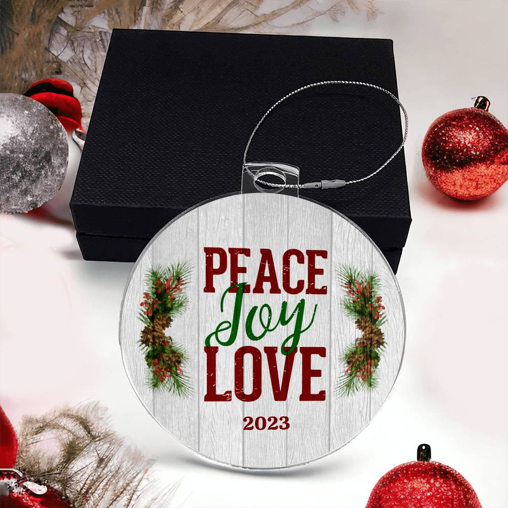 AnywherePOD's Peace, Joy, Love Christmas Ornament, crafted to bring peace, joy, and love as a perfect gift.