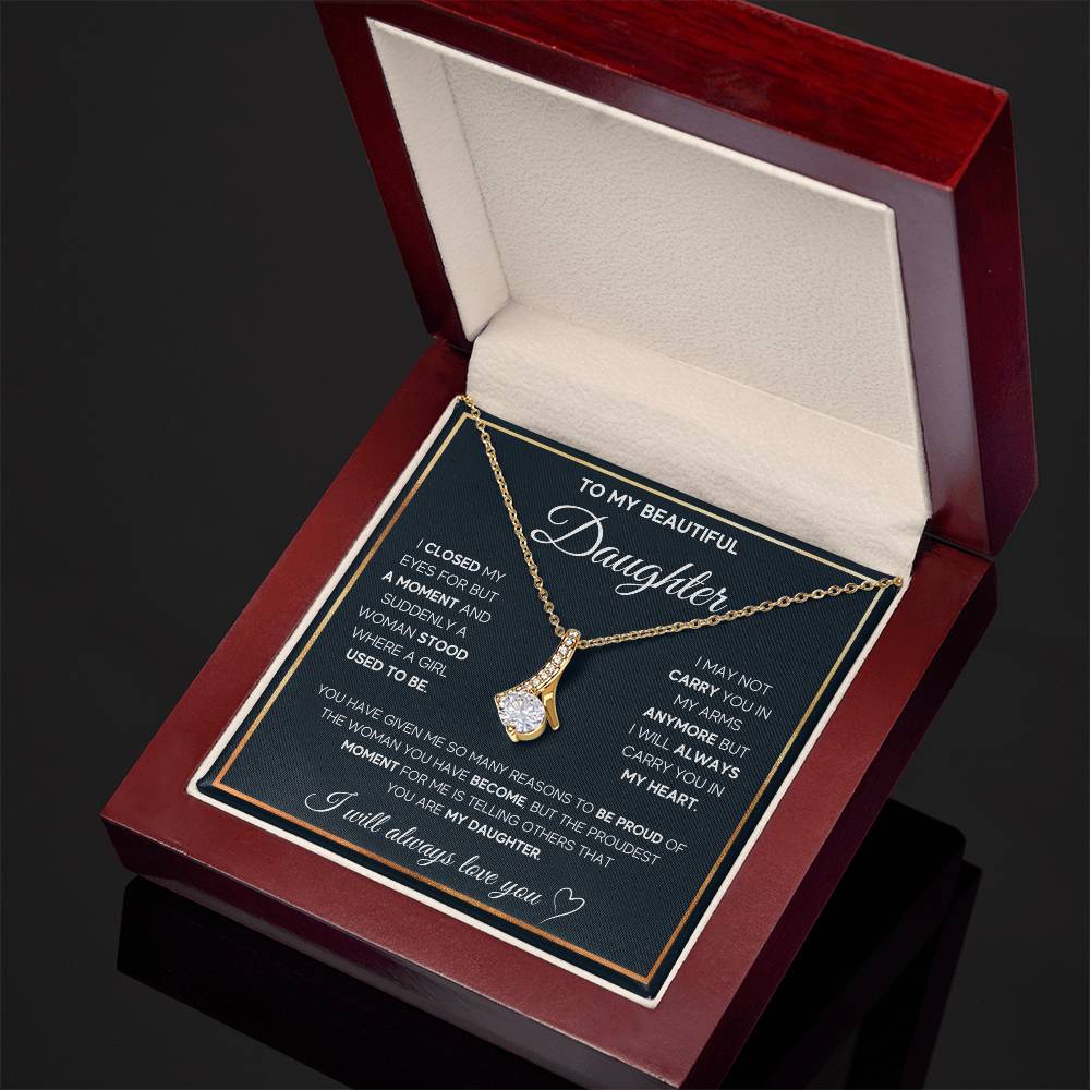 A ShineOn Fulfillment gold gift box with the "To My Daughter, I Will Always Carry You In My Heart - Alluring Beauty Necklace" inside.