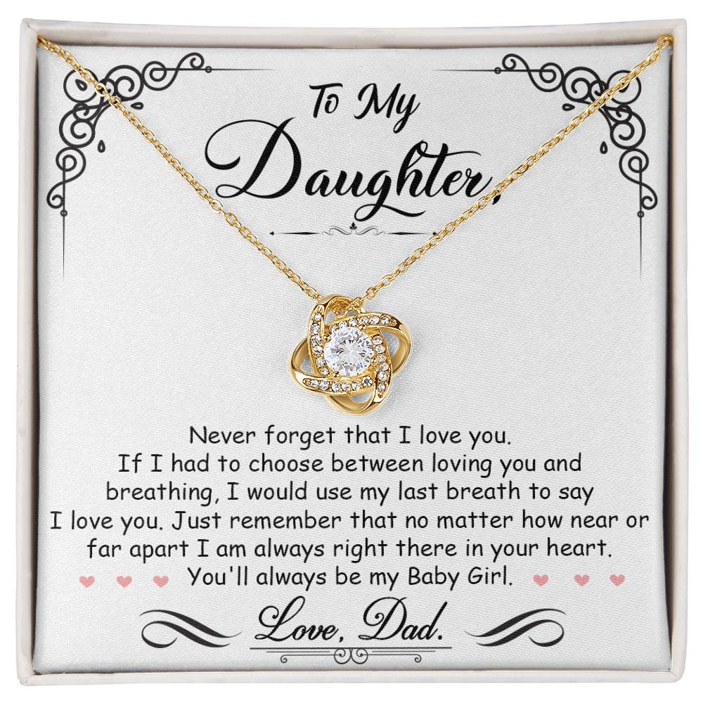 A To My Daughter, I_m Always Right Here In Your Heart - Love Knot Necklace gift box with a pendant that says "to my daughter", featuring cubic zirconia crystals for added sparkle by ShineOn Fulfillment.