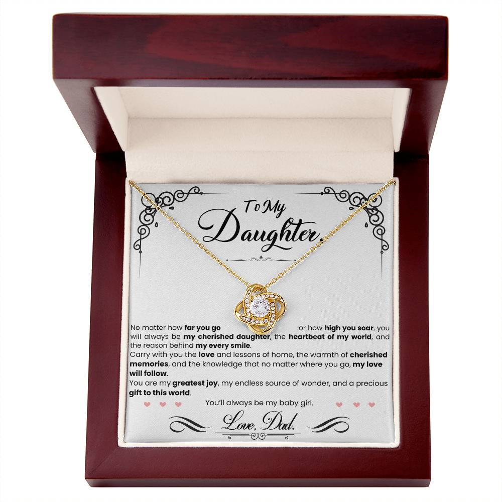 A beautiful My Cherished Daughter - Love Knot Necklace gift box with a precious ShineOn Fulfillment gift card.