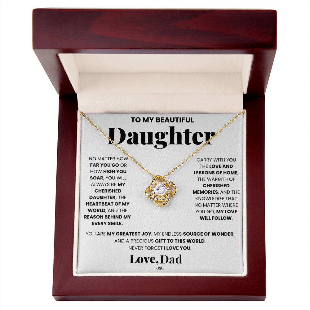A love-filled My Cherished Daughter - Dad - Love Knot gift box with a beautiful necklace from ShineOn Fulfillment for my daughter.