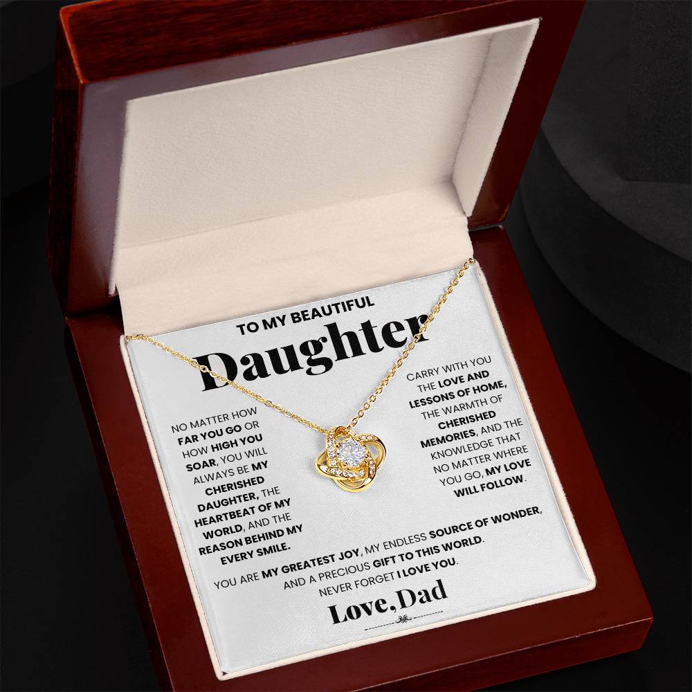 A love-filled My Cherished Daughter - Dad - Love KNot gift box from ShineOn Fulfillment containing a heartfelt necklace for my beloved daughter.
