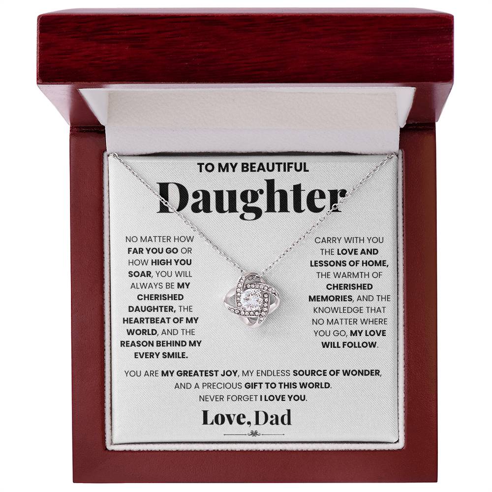 A heartfelt My Cherished Daughter - Dad - Love KNot gift box, enclosing a delicate ShineOn Fulfillment necklace expressing boundless love for my beautiful daughter.