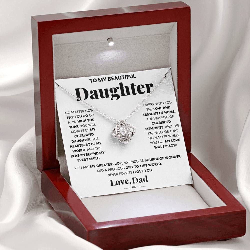 A My Cherished Daughter - Dad - Love Knot Necklace gift box by ShineOn Fulfillment, featuring cubic zirconia crystals, symbolizing an unbreakable bond.
