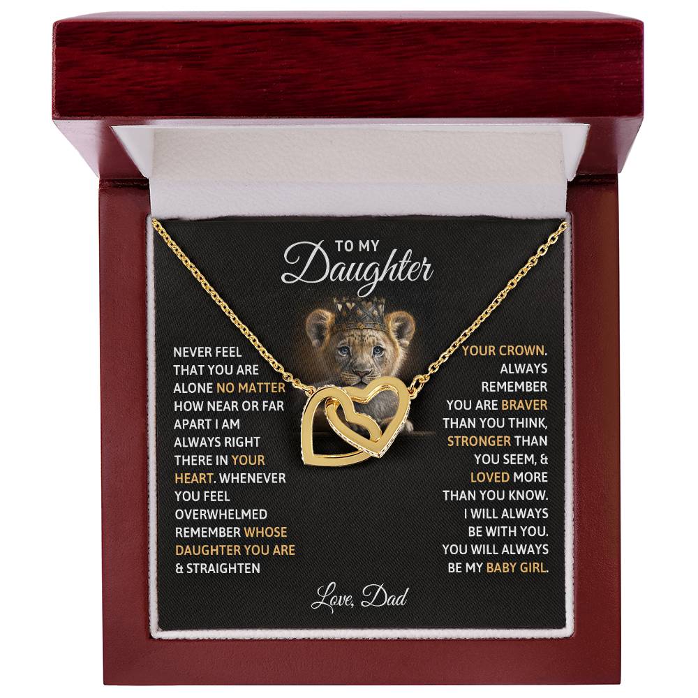 A To My Daughter, You Will Always Be My Baby Girls - Interlocking Hearts Necklace with a lion emblem, perfect as a heartfelt gift from ShineOn Fulfillment.