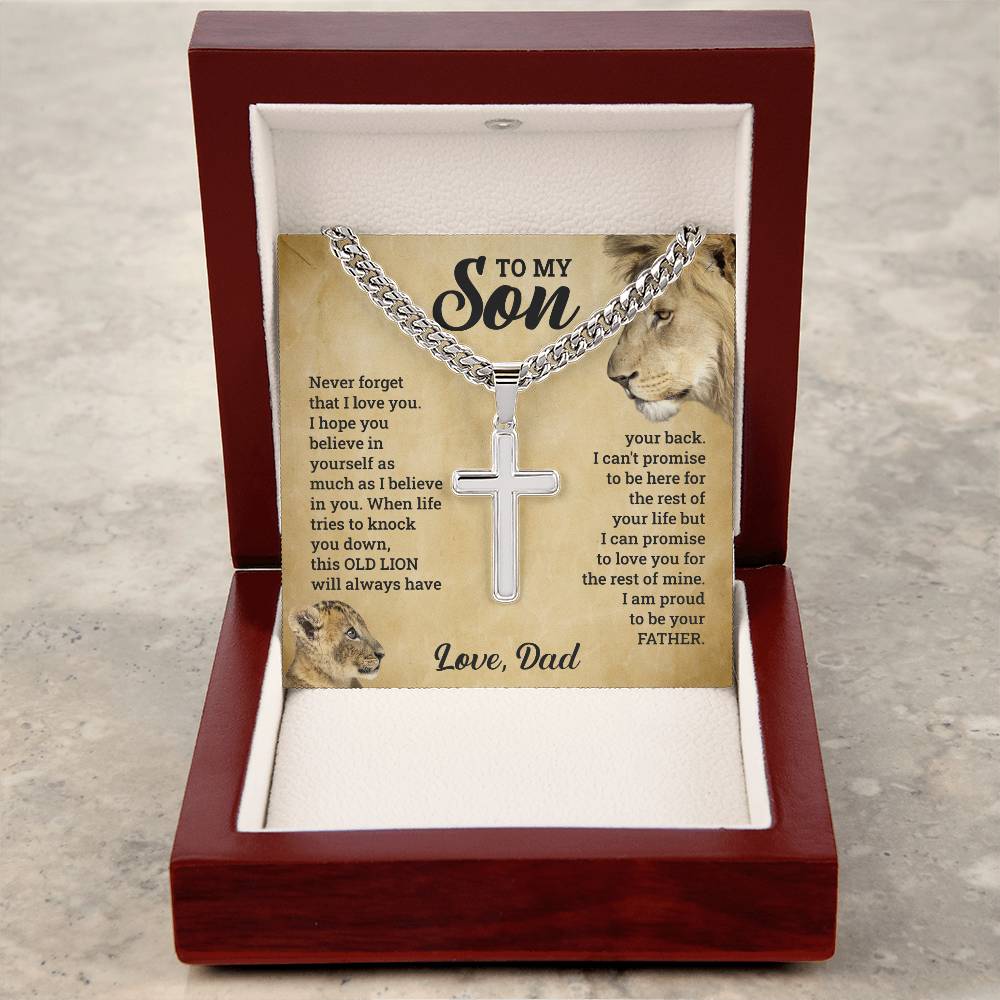 A To My Son - This Old Lion Has Your Back necklace with a lion and a cross in a wooden box, symbolizing love for one's son, by ShineOn Fulfillment.