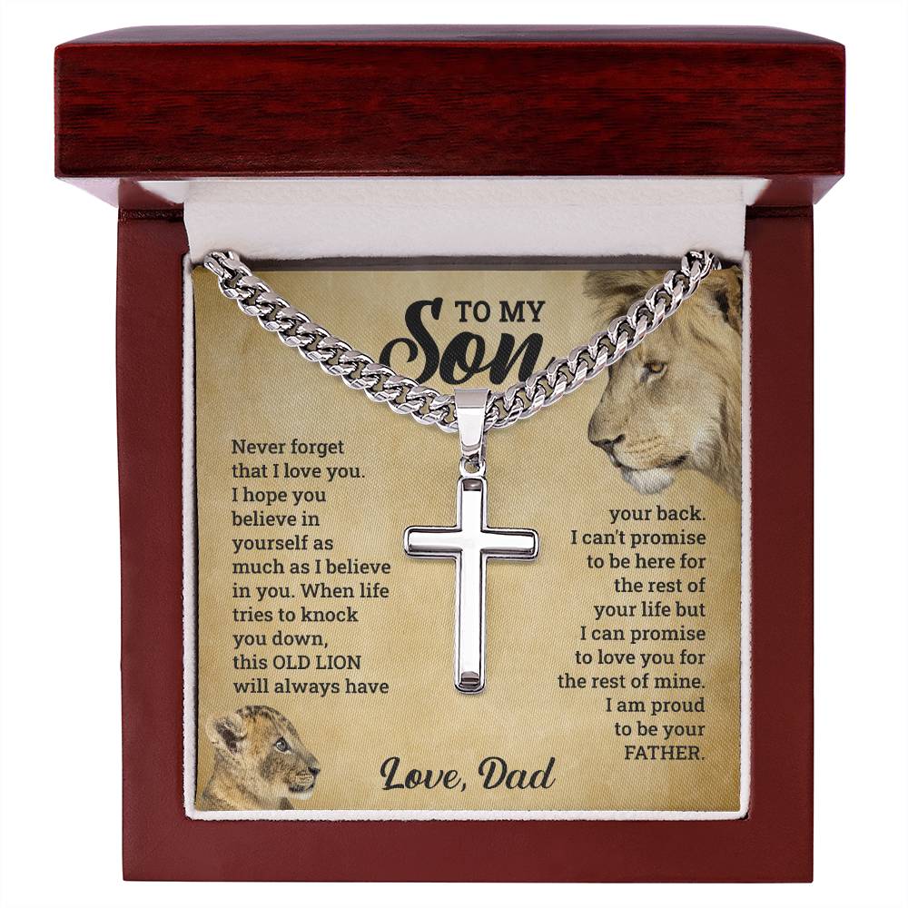 A wooden box containing the "To My Son - This Old Lion Has Your Back" necklace, symbolizing a son's love, from the ShineOn Fulfillment brand.