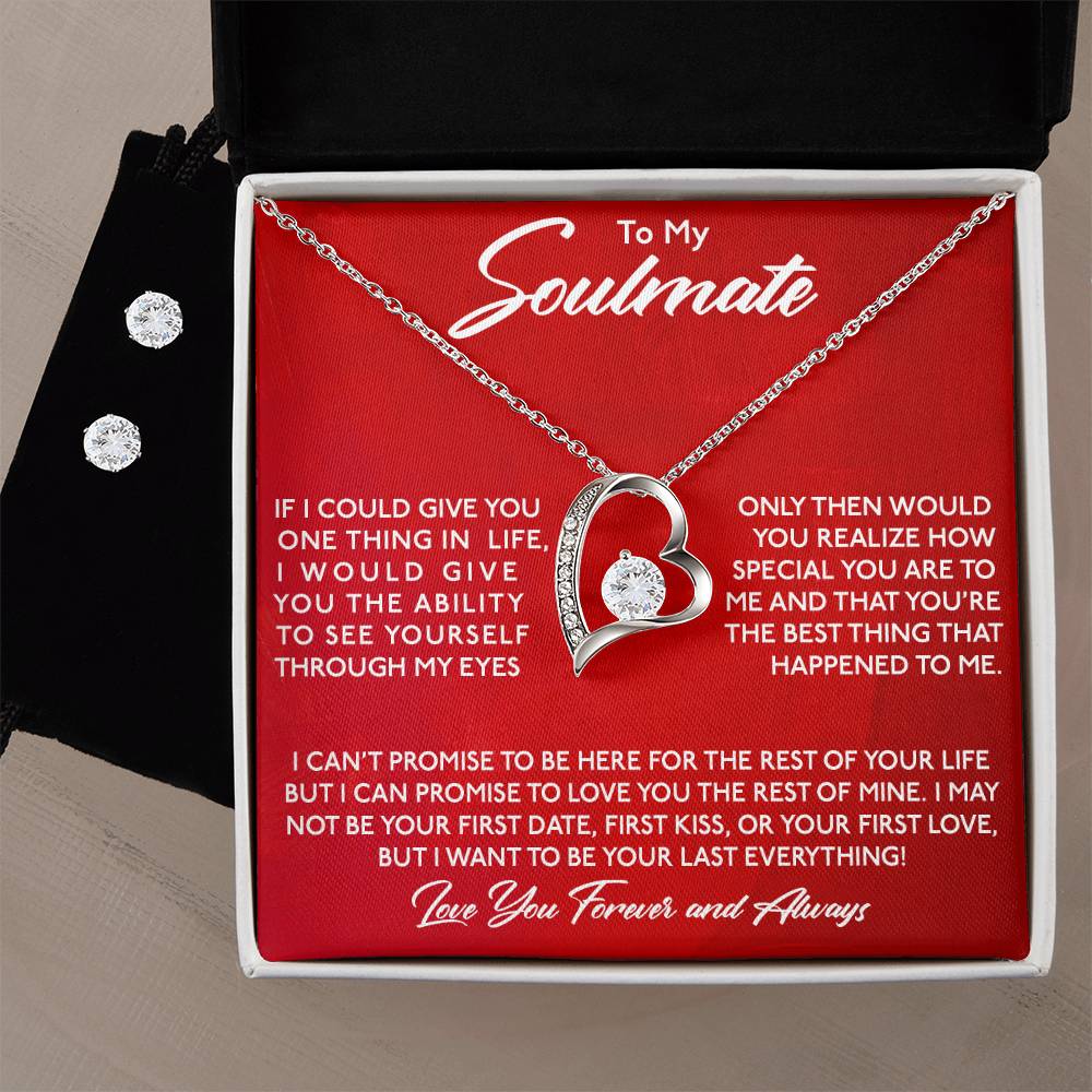 The "To My Soulmate, You Are Special To Me - Forever Love Necklace" by ShineOn Fulfillment features a heart-shaped design with a 14k white gold finish, elegantly presented in a black box. The inside lid carries a heartfelt message of love and appreciation for "My Soulmate." Included with the necklace is a Cubic Zirconia Earring Set.