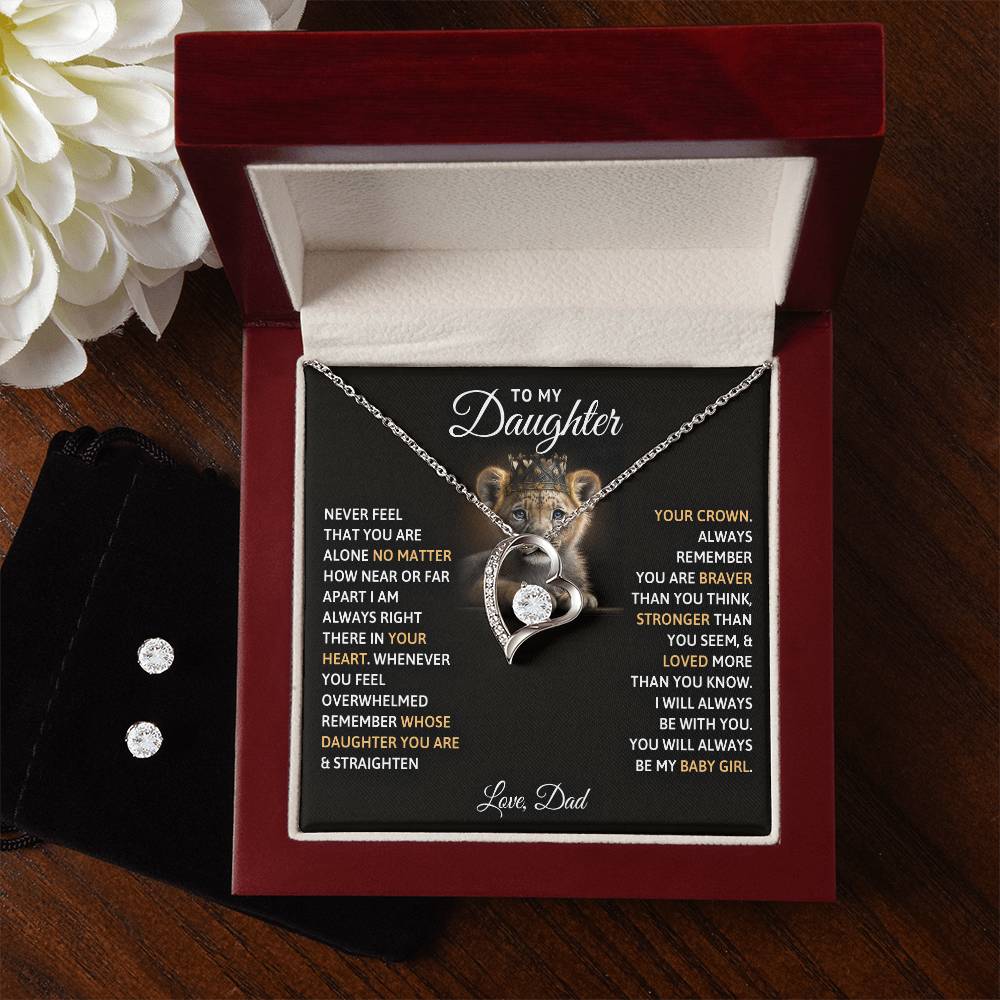 A gift box with a "To My Daughter, You Will Always Be My Baby Girl - Forever Love Necklace" by ShineOn Fulfillment and cubic zirconia earring set, featuring a 14k white gold finish.