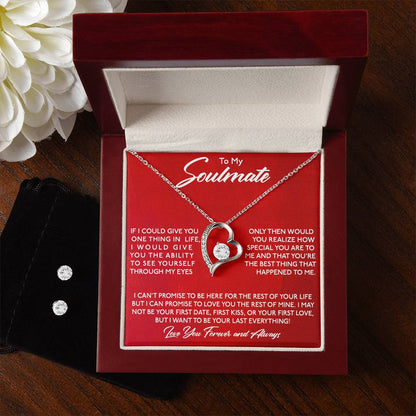 The "To My Soulmate, You Are Special To Me - Forever Love Necklace" by ShineOn Fulfillment is beautifully showcased in an open red jewelry box. The 14k white gold finish glistens, enhancing the heart-shaped design with a gemstone pendant and conveying a heartfelt message of love and soulmates, symbolizing deep affection and commitment.