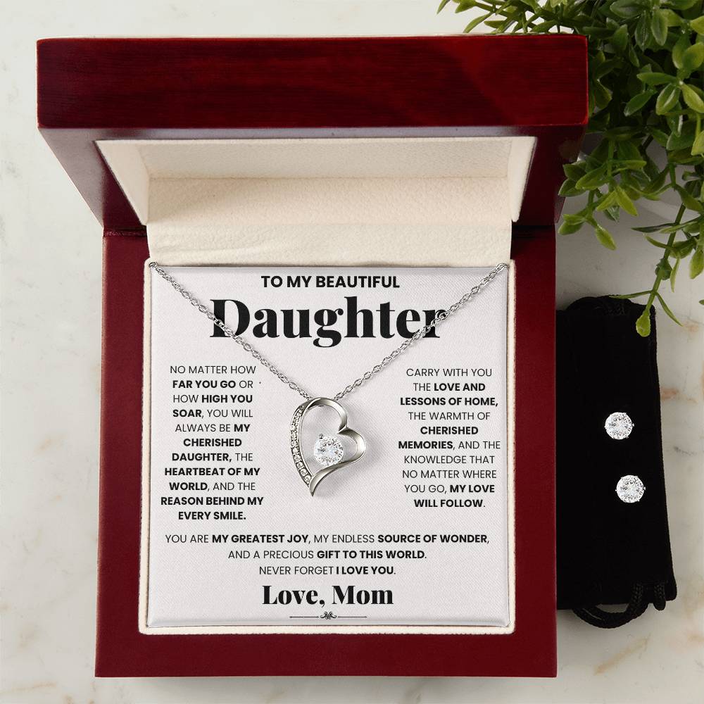 Surprise your daughter with a special offering - a gift box containing a My Cherished Daughter - Forever Love Necklace and Earrings from ShineOn Fulfillment.