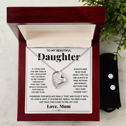 This elegant gift box contains a stunning To My Beautiful Daughter, Just Hold This To Feel My Love - Forever Love Necklace adorned with sparkling Cubic Zirconia, perfect for a beautiful daughter. It is provided by ShineOn Fulfillment.