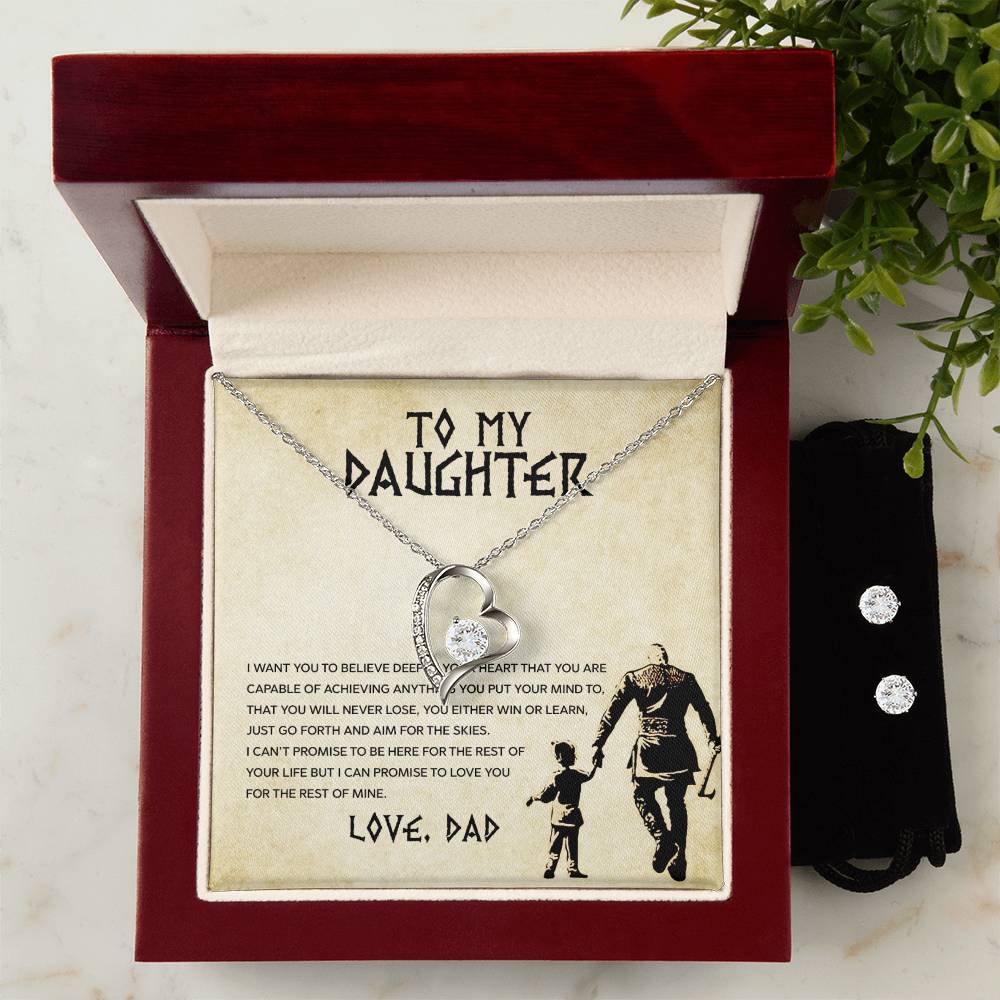 A gift box with a Forever Love Necklace from ShineOn Fulfillment that says "To My Daughter, You Will Never Lose - Forever Love Necklace".