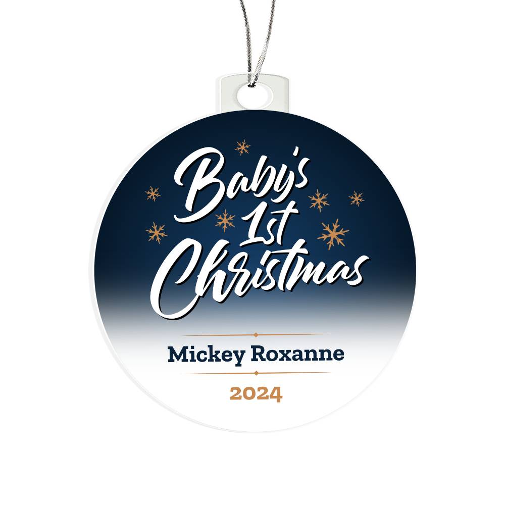 The "Twinkling Joy: Baby's First Magical Christmas" ornament by ShineOn Fulfillment is a round, personalized acrylic decoration featuring a gradient blue background. It displays "Baby's 1st Christmas" in script, surrounded by snowflakes. Below that, the names "Mickey Roxanne" appear in bold alongside the year "2024." Complete with a silver string for hanging, this unique keepsake makes an ideal Christmas gift.