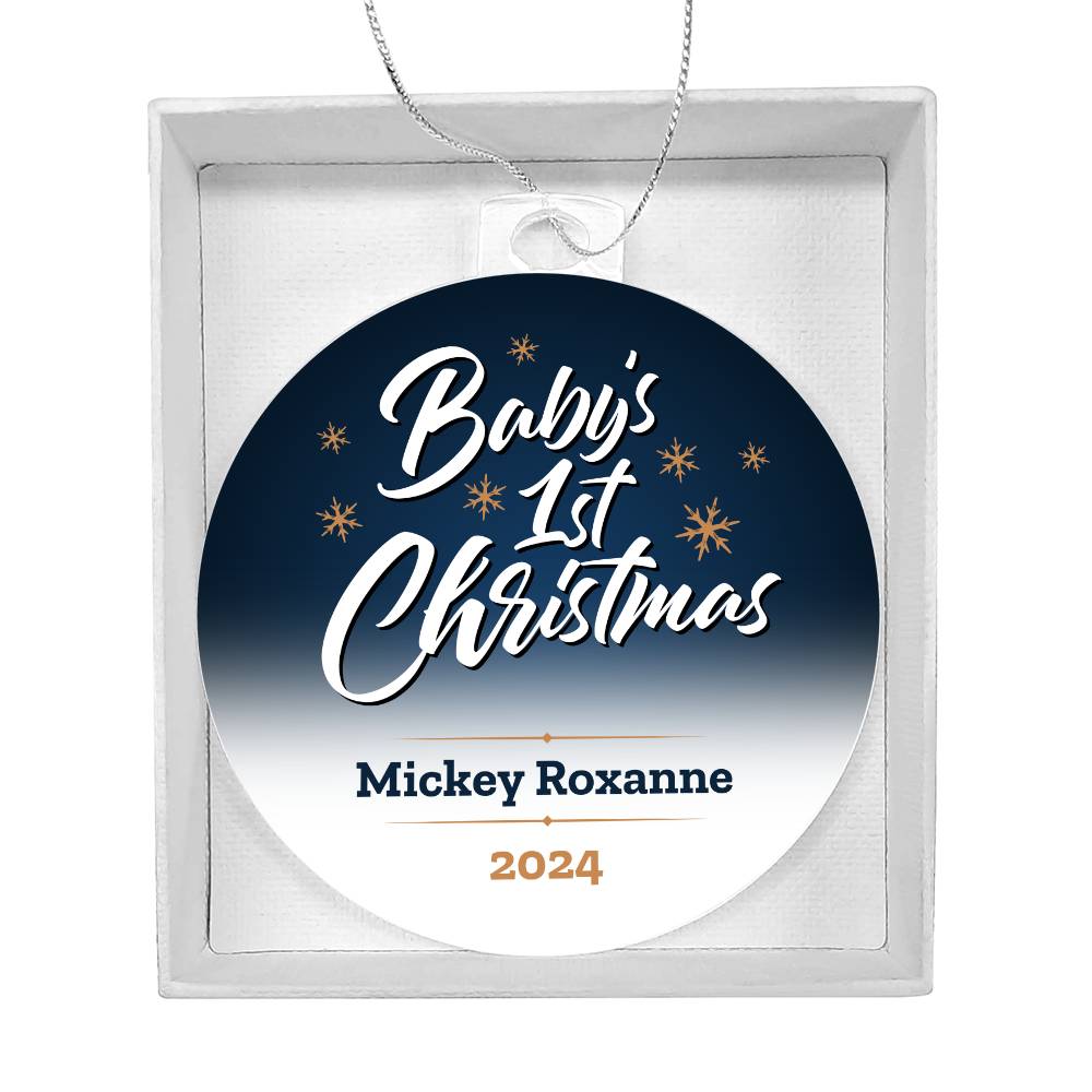 The Twinkling Joy: Baby's First Magical Christmas Ornament by ShineOn Fulfillment is a unique keepsake, nestled in a box. It features "Baby's 1st Christmas" in white script, adorned with snowflakes, and is highlighted by the name "Mickey Roxanne 2024" in blue and gold. This personalized acrylic piece is the ideal Christmas gift for capturing cherished memories beautifully.