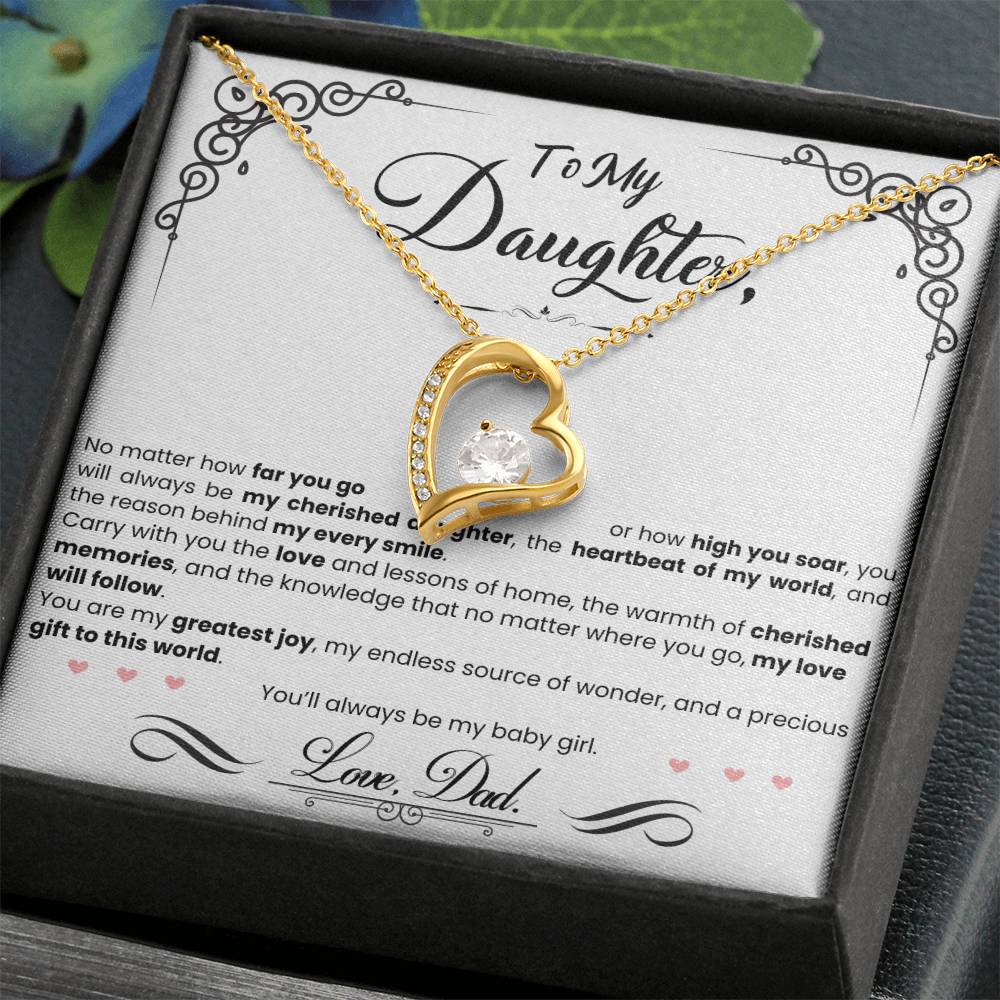 This ShineOn Fulfillment Forever Love gift box includes a My Cherished Daughter - Forever Love Necklace and a cherished daughter gift card.
